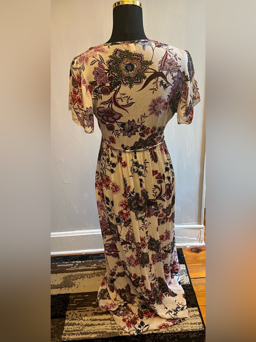 Patrons Of Peace Floral Print Maxi Dress Hi/Lo Hemline Short Flutter Sleeves XS - Picture 2 of 6